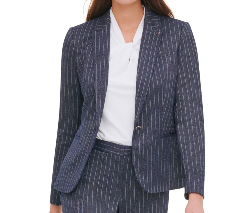 Tommy Hilfiger Women's Navy Pinstripe Blazer Size 2 Single Button Elbow Patches